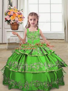 Green Satin Lace Up Straps Sleeveless Floor Length Little Girl Pageant Dress Embroidery and Ruffled Layers