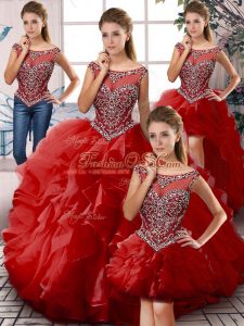Best Selling Red Ball Gowns Scoop Sleeveless Organza Floor Length Zipper Beading and Ruffles Quinceanera Dress