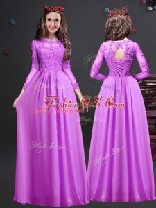 Delicate Floor Length Lilac Dama Dress Scoop Long Sleeves Lace Up