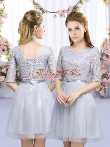Noble Lace and Belt Damas Dress Grey Lace Up Half Sleeves Mini Length