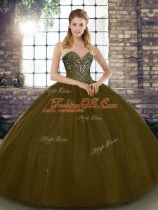 Brown Ball Gowns Beading Vestidos de Quinceanera Lace Up Tulle Sleeveless Floor Length