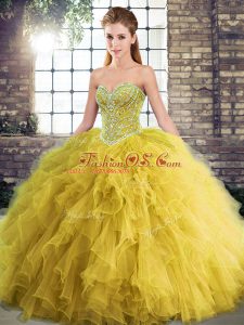 Sleeveless Floor Length Beading and Ruffles Lace Up Quinceanera Gown with Gold