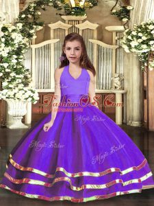 Adorable Purple Lace Up Little Girl Pageant Gowns Ruffled Layers Sleeveless Floor Length