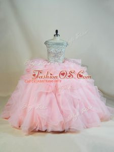 Organza Sleeveless Sweet 16 Dress Brush Train and Beading and Ruffles