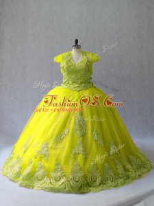 Customized Lace Up Quinceanera Gown Yellow Green for Sweet 16 and Quinceanera with Appliques Court Train
