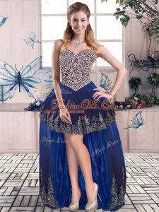Royal Blue Sleeveless High Low Beading and Embroidery Lace Up Prom Gown