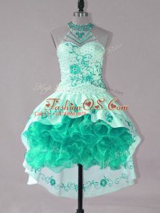 Luxury Sleeveless Satin and Organza High Low Lace Up Evening Dress in Turquoise with Embroidery and Ruffles