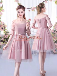Beautiful Pink Tulle Lace Up Vestidos de Damas Half Sleeves Knee Length Belt