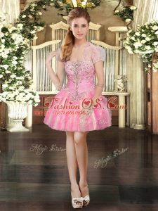 Noble Sleeveless Organza Mini Length Lace Up Dress for Prom in Pink with Beading and Lace and Ruffles