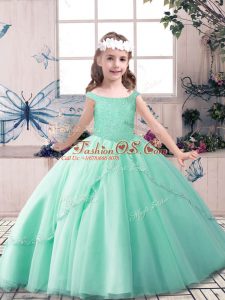 Sleeveless Tulle Floor Length Lace Up Kids Formal Wear in Green with Beading