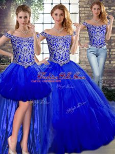 Floor Length Royal Blue Sweet 16 Dress Tulle Sleeveless Beading and Ruffles