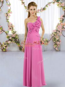 Rose Pink Vestidos de Damas Wedding Party with Hand Made Flower One Shoulder Sleeveless Lace Up