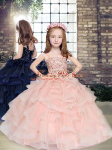 Peach Straps Lace Up Beading and Ruffles Child Pageant Dress Sleeveless