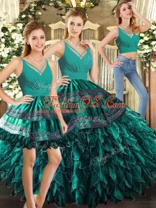 Fashionable Sleeveless Backless Floor Length Appliques and Ruffles Quinceanera Gown
