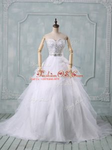 Sweetheart Sleeveless Wedding Gown Brush Train Beading and Ruffles White Organza