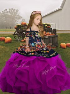 Sleeveless High Low Embroidery and Ruffles Lace Up Little Girls Pageant Gowns with Fuchsia