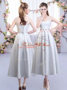 Satin Sleeveless Tea Length Bridesmaids Dress and Appliques