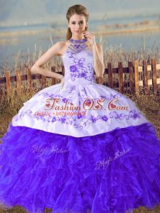 Blue Sleeveless Court Train Embroidery and Ruffles Sweet 16 Dresses