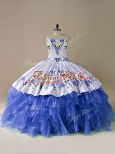 Sleeveless Satin and Organza Brush Train Lace Up Sweet 16 Dress in Blue And White with Embroidery and Ruffles