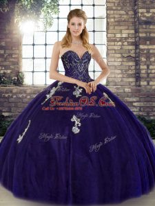 Hot Selling Floor Length Purple Sweet 16 Dress Tulle Sleeveless Beading and Appliques