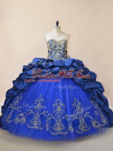Royal Blue Taffeta and Tulle Lace Up Quince Ball Gowns Sleeveless Brush Train Beading