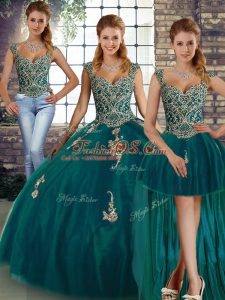 Attractive Peacock Green Sleeveless Tulle Lace Up Quince Ball Gowns for Military Ball and Sweet 16 and Quinceanera