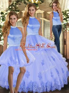 Custom Designed Lavender Backless Halter Top Beading and Appliques Quinceanera Gown Tulle Sleeveless