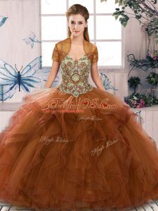 Brown Ball Gowns Off The Shoulder Sleeveless Tulle Floor Length Lace Up Beading and Ruffles Sweet 16 Quinceanera Dress
