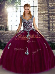 Beautiful Straps Sleeveless Tulle Quince Ball Gowns Beading and Appliques Lace Up