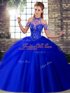 Beautiful Royal Blue Sweet 16 Dress Tulle Brush Train Sleeveless Beading and Pick Ups