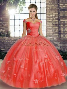 Flare Watermelon Red Off The Shoulder Lace Up Beading and Appliques Quinceanera Dress Sleeveless