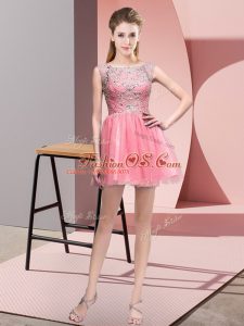 Elegant Pink Tulle Zipper Bateau Sleeveless Mini Length Prom Gown Beading
