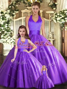Purple Ball Gowns Tulle Halter Top Sleeveless Beading Floor Length Lace Up Quince Ball Gowns