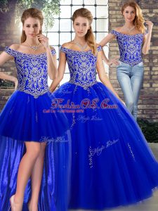 Delicate Floor Length Three Pieces Sleeveless Royal Blue Ball Gown Prom Dress Lace Up
