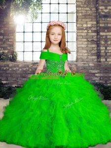 Custom Fit Floor Length Lace Up Little Girl Pageant Dress Green for Party and Wedding Party with Beading and Ruffles