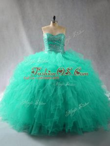 Decent Turquoise Tulle Lace Up Sweetheart Sleeveless Floor Length 15th Birthday Dress Beading and Ruffles