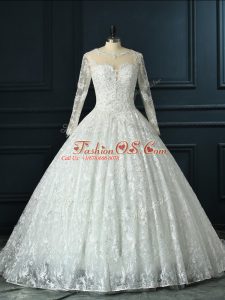 Free and Easy White Wedding Gown Lace Brush Train Long Sleeves Beading and Lace