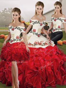 Fashionable White And Red Off The Shoulder Neckline Embroidery and Ruffles Sweet 16 Dress Sleeveless Lace Up