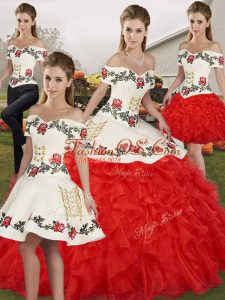 White And Red Lace Up Quinceanera Dress Embroidery and Ruffles Sleeveless Floor Length