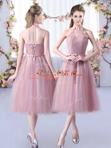 Gorgeous Tulle Halter Top Sleeveless Lace Up Appliques and Belt Vestidos de Damas in Pink