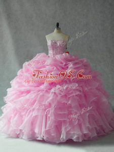 Baby Pink Sleeveless Organza Brush Train Lace Up Sweet 16 Dress for Sweet 16 and Quinceanera