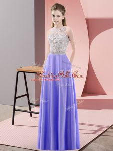 Floor Length Backless Homecoming Dress Lavender for Prom and Party with Beading