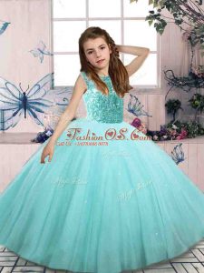 Gorgeous Aqua Blue Ball Gowns Scoop Sleeveless Tulle Floor Length Lace Up Beading Little Girl Pageant Gowns