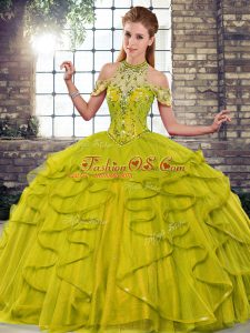 Shining Tulle Sleeveless Floor Length Sweet 16 Quinceanera Dress and Beading and Ruffles