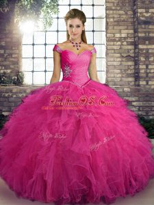 Admirable Tulle Off The Shoulder Sleeveless Lace Up Beading and Ruffles Quinceanera Gown in Hot Pink