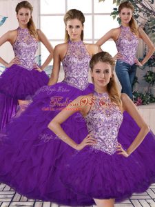 Designer Halter Top Sleeveless Sweet 16 Quinceanera Dress Floor Length Beading and Ruffles Purple Tulle