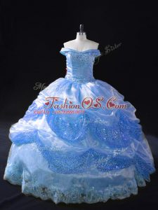 Modern Sleeveless Floor Length Beading and Appliques Lace Up Quince Ball Gowns with Blue