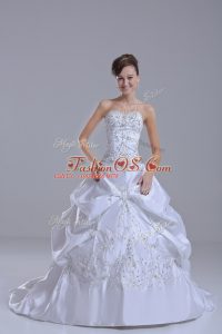 White Lace Up Wedding Dress Beading and Pick Ups Sleeveless Brush Train