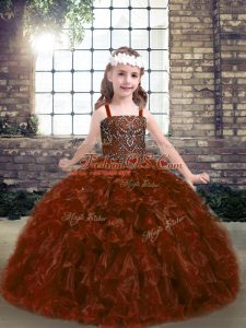 Cheap Rust Red Organza Lace Up Kids Formal Wear Sleeveless Floor Length Beading