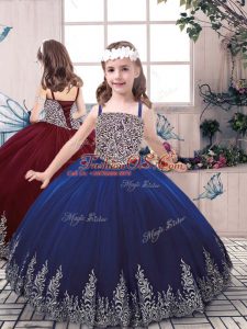 Blue Ball Gowns Straps Sleeveless Tulle Floor Length Lace Up Beading and Embroidery Little Girls Pageant Dress Wholesale